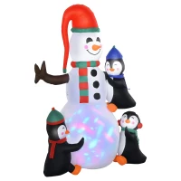 HOMCOM 6ft Christmas Inflatable Snowman with Three Penguins, Blow-Up Outdoor LED Yard Display with Rotating Colorful Light for Party, Garden, Holiday(m-2)