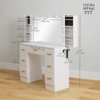 HOMCOM Makeup Vanity Table with Lights, Dressing Table with 7 Drawers, 6 Hidden Sliding Storage Compartments, White(m-3)