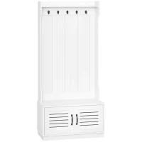 HOMCOM Modern Hall Tree, Entryway Coat Rack with Shoe Bench, 5 Hooks, Storage Shelf and Slatted Door Cabinet for Hallway, White(m-1)