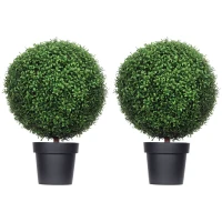 HOMCOM Set of 2 Artificial Ball Boxwood Topiary Trees, Fake Plants in Pot for Indoor Outdoor Living Room Green(m-11)