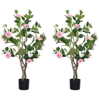 HOMCOM Set of 2 Decorative Artificial Plants, Camellia Flowers in Pots, Fakes Plant for Home Indoor Decor, 39 inch, Pink(m-11)