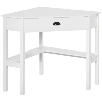 HOMCOM Corner Desk, Triangle Computer Desk with Drawer and Storage Shelves for Small Spaces, Home Office Workstation for Living Room, or Bedroom, White(m-1)