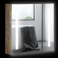 kleankin Lighted Medicine Cabinet with Mirror, 27.5" x 25.5" Wall Mounted Dimmable Bathroom Mirror Cabinet with 3-Tier Storage Shelves, LED Lights, Smart Touch and USB Charge, Dark Wood Grain(m-1)