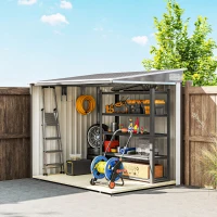 Outsunny 5'x7' Lean to Galvanized Metal Shed with Foundation, Garden Tool Storage House w/ Sliding Door and 2 Vents, Light Grey(m-10)