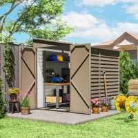 Outsunny 4.6' x 9' Outdoor Storage Shed, Lean to Metal Shed with Foundation Kit, Lockable Doors and Gloves for Patio, Lawn, Brown(m-2)