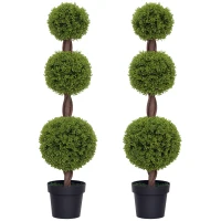 HOMCOM Set of 2 Artificial Ball Boxwood Topiary Trees, Fake Plants in Pots for Indoor Outdoor Living Room, Green(m-11)