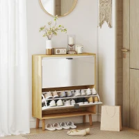 HOMCOM Narrow Shoe Cabinet, High Gloss Shoe Storage Cabinet with 2 Flip Drawers and Adjustable Shelves, Holds 16 Pairs, White(m-9)