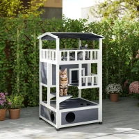 PawHut 4-Floor Wood Outdoor Cat House Catio for Cats with Condo, Fun Entrances, Perch, Grey(m-8)