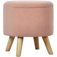 HOMCOM Round Ottoman Stool with Storage, Linen Upholstered Foot Stool with Padded Seat, Hidden Space and Wood Legs, Pink(m-11)