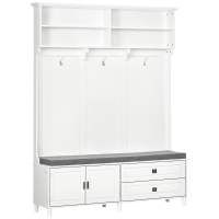 HOMCOM Hall Tree with Storage Bench, Entryway Bench with Coat Rack, Accent Coat Tree with Storage Shelves, Cabinet and Drawers for Hallway, Mudroom, White