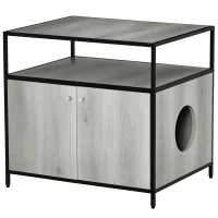 PawHut Wooden Cat Litter Box Enclosure, Hidden Kitten Washroom, Indoor End Table with Magnetic Doors & Storage Shelves, Gray(m-1)