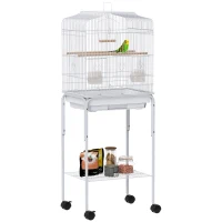 PawHut 49" Rolling Bird Cage Cockatoo House Play Top Finch Pet Supply with Storage Shelf, Wheels - White(m-11)