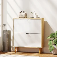 HOMCOM Narrow Shoe Cabinet, High Gloss Shoe Storage Cabinet with 2 Flip Drawers and Adjustable Shelves, Holds 16 Pairs, White(m-8)