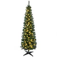 HOMCOM 5' Tall Pre-Lit Slim Noble Fir Artificial Pencil Christmas Tree with Realistic Branches, 110 Warm White LED Lights and 294 Tips, Green(m-1)
