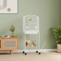 PawHut 49" Rolling Bird Cage Cockatoo House Play Top Finch Pet Supply with Storage Shelf, Wheels - White(m-8)