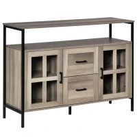 HOMCOM Industrial Sideboard Buffet Cabinet, Coffee Bar Cabinet with Adjustable Shelves, Glass Doors, and 2 Drawers for Kitchen, Living Room, Gray(m-1)