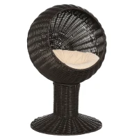 PawHut Elevated Cat Bed with Rotatable Egg Chair Pod, Cat Basket Bed with Thick Cushion, Natural Mat Grass Woven Kitty House, Coffee(m-1)