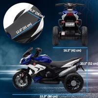 Qaba Kids Electric Motorcycle Ride-On Toy with 3 Wheels, Music, Horn, Lights, Blue(m-3)