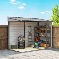 Outsunny 4.6' x 9' Steel Outdoor Storage Shed, Lean to Shed, Metal Tool House with Foundation Kit, Lockable Doors, Gloves and 2 Air Vents for Backyard, Patio, Lawn, Grey(m-10)