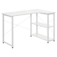 HOMCOM L-Shaped Computer Desk Home Office Corner Desk Study with Wide Desktop, 2 Side Shelves, Steel Frame, White(m-11)