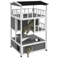PawHut Wooden Outdoor Cat House with Asphalt Roof, Escape Doors, Condo, Jumping Platform, Light Gray(m-11)