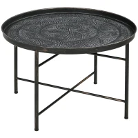 HOMCOM Coffee Table for Living Room, 24" Round Center Table with Hammered Tray Top and Metal Frame for Bedroom, Pewter(m-11)