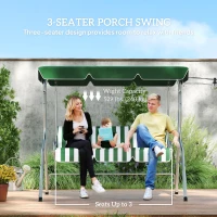Outsunny 3-Seat Patio Swing Chair, Outdoor Porch Swing Glider with Adjustable Canopy, Removable Cushion, and Weather Resistant Steel Frame, for Garden, Poolside, Green & White(m-4)