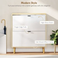 HOMCOM Narrow Shoe Cabinet, High Gloss Shoe Storage Cabinet with 2 Flip Drawers and Adjustable Shelves, Holds 16 Pairs, White(m-4)