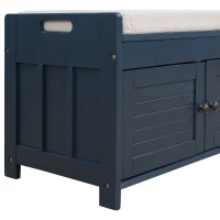 Rustic Storage Bench with Shutter-shaped Doors, Hidden Storage and Removable Cushion, 43.5" L x 16 " W x 18" H, Antique Navy(m-10)