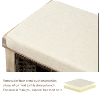 Rustic Storage Bench with 3 Rattan Baskets, No Assembly Required, Entryway Bench with Removable Cushion, 44" L x 16" W x 17" H, Natural(m-5)