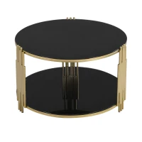 Modern Asymmetrical Coffee Table with Black Mirror Top, Circular Metal Drum Base and Lower Shelf, 31.5" L x 31.5" W x 20" H, Black(m-12)