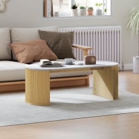 HOMCOM Coffee Table, Modern Marble-Effect Living Room Table with Round Corners and Thicken Legs, Natural Wood