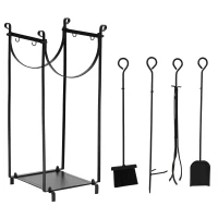 Outsunny Firewood Rack with Fireplace Tools, Outdoor Firewood Holder, 30.25" Tall Build with 2-Tiers for Fireplace, Wood Stove, Hearth or Fire Pit, Poker, Tongs, Broom, Shovel, Black(m-1)