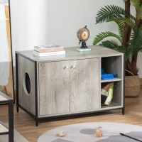 PawHut Large Wooden & Steel Cat Litter Box Enclosure, Kitten Washroom End Table, Indoor Hidden Cat House with Magnetic Doors & Storage Shelves, Gray(m-10)