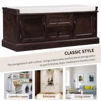 Storage Bench with 4 Doors and Adjustable Shelves, Removable Cushion for Entryway, 43" L x 16" W x 17.5" H, Dark Brown(m-7)