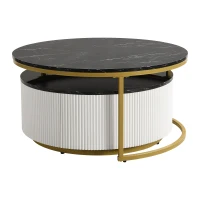 Modern Round Nesting Coffee Table Set with Storage Drawer, MDF Top and Metal Base, Fluted Design, 27.5" L x 27.5" W x 16" H, Black+Gold(m-12)