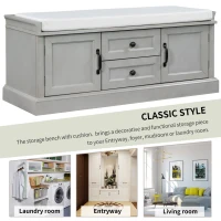 Storage Bench with 4 Doors and Adjustable Shelves, Removable Cushion for Entryway, 43" L x 16" W x 17.5" H, Gray(m-7)