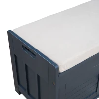 Rustic Storage Bench with Shutter-shaped Doors, Hidden Storage and Removable Cushion, 43.5" L x 16 " W x 18" H, Antique Navy(m-12)