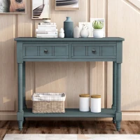 Daisy Series Console Table, Traditional Design with Two Drawers and Bottom Shelf, Pine Wood Frame, 35.5" L x 14" W x 30" H, Navy(m-1)