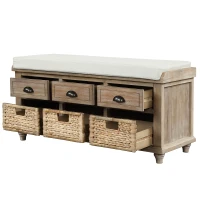 Rustic Storage Bench with 3 Drawers and Rattan Baskets, Acacia Wood Shoe Bench for Entryway, 42" L x 15.5" W x 19" H, White+Wood(m-9)