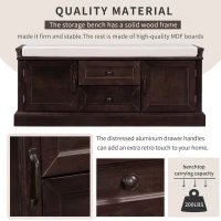 Storage Bench with 4 Doors and Adjustable Shelves, Removable Cushion for Entryway, 43" L x 16" W x 17.5" H, Dark Brown(m-5)