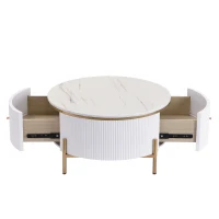 Modern Round Coffee Table with 2 Large Drawers, MDF Construction and Gold Legs, Sleek Modern Design, 31.5" L x 31.5" W x 17" H, White+Gold(m-10)