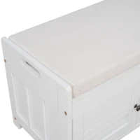 Rustic Storage Bench with Shutter-shaped Doors, Removable Cushion and Hidden Storage, 43.5" L x 16 " W x 18" H, White(m-12)