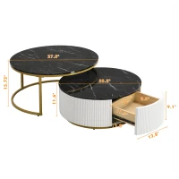 Modern Round Nesting Coffee Table Set with Storage Drawer, MDF Top and Metal Base, Fluted Design, 27.5" L x 27.5" W x 16" H, Black+Gold(m-3)