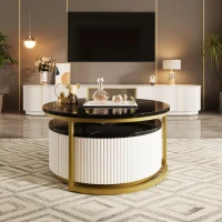 Modern Round Nesting Coffee Table Set with Storage Drawer, MDF Top and Metal Base, Fluted Design, 27.5" L x 27.5" W x 16" H, Black+Gold(m-9)
