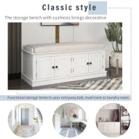 Storage Bench with 4 Doors and Adjustable Shelves, Shoe Bench with Removable Cushion for Entryway, 43" L x 16" W x 17.5" H, White(m-4)