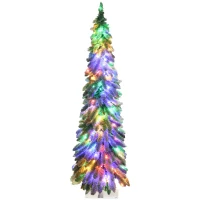 HOMCOM 5' Artificial Slim Christmas Trees, with Snow Frosted Branches, Warm White or Colorful LED Lights, Downswept Shape(m-1)