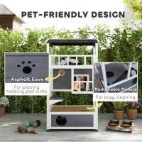 PawHut Wooden Outdoor Cat House, Feral Cat Shelter Kitten Condo with Asphalt Roof, Escape Doors, Condo, Jumping Platform, Gray(m-7)