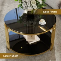 Modern Asymmetrical Coffee Table with Black Mirror Top, Circular Metal Drum Base and Lower Shelf, 31.5" L x 31.5" W x 20" H, Black(m-5)