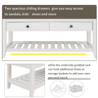 Multipurpose Entryway Storage Bench with Pine Wood Construction, Shoe Rack with Cushioned Seat and Drawers, 39" L x 14" W x 20" H, White(m-6)